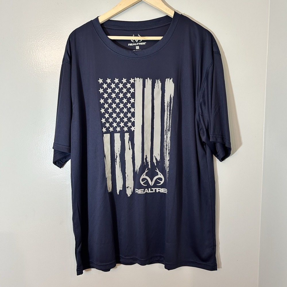 Realtree T-Shirt Men's Size XXL Blue Crew Neck Short Sleeve American Flag